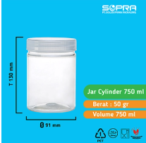 SOPRA Toples Cylinder 750ml 50g + Tutup Jar Natural 