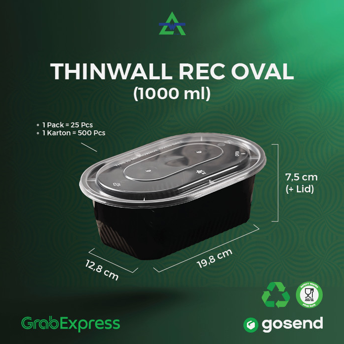 WAL Thinwall Rectangle Oval 1000ml Black