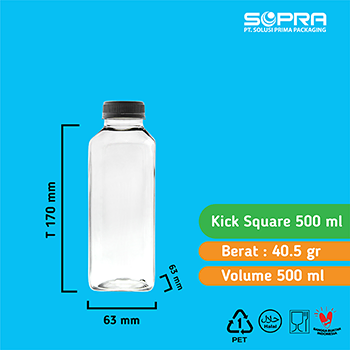 Botol Kick Square 500ml 40g + Tutup 38 ND Hitam