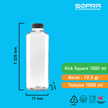 Botol Kick Square 1000ml 72.5g + Tutup 38 ND Hitam