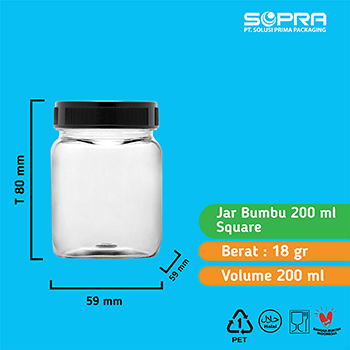 SOPRA Botol Sambal 200ml 18g Square + Plug Jar Bumbu + Cap Jar Bumbu