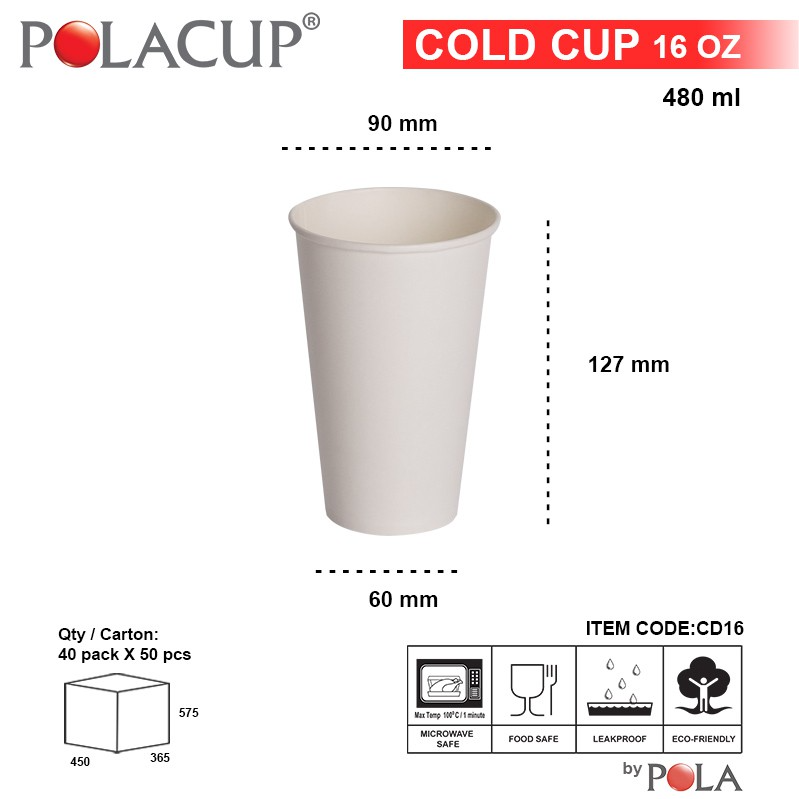 POLA Paper Cold Cup 16oz 480ml Putih