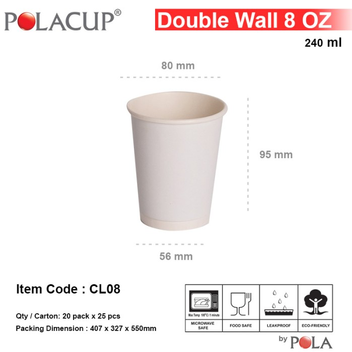 POLA Paper Hot Cup Double Wall 8oz 240ml Putih