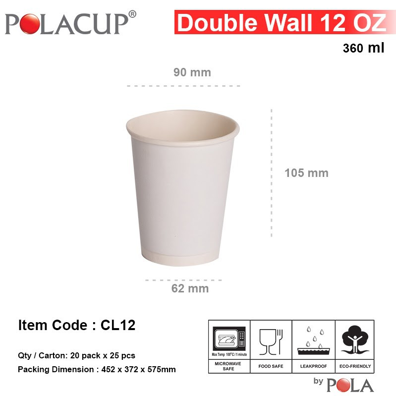 POLA Paper Hot Cup Double Wall 12oz 360ml Putih