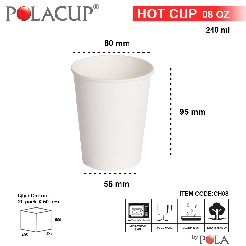 POLA Paper Hot Cup Single Wall 8oz 240ml Putih