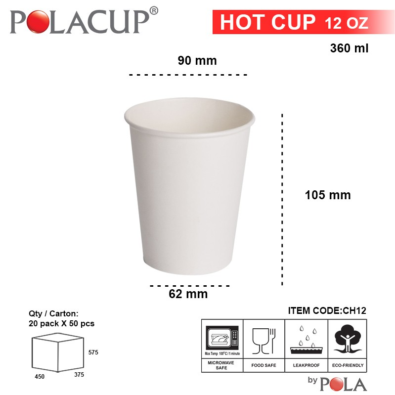 POLA Paper Hot Cup Single Wall 12oz 360ml Putih