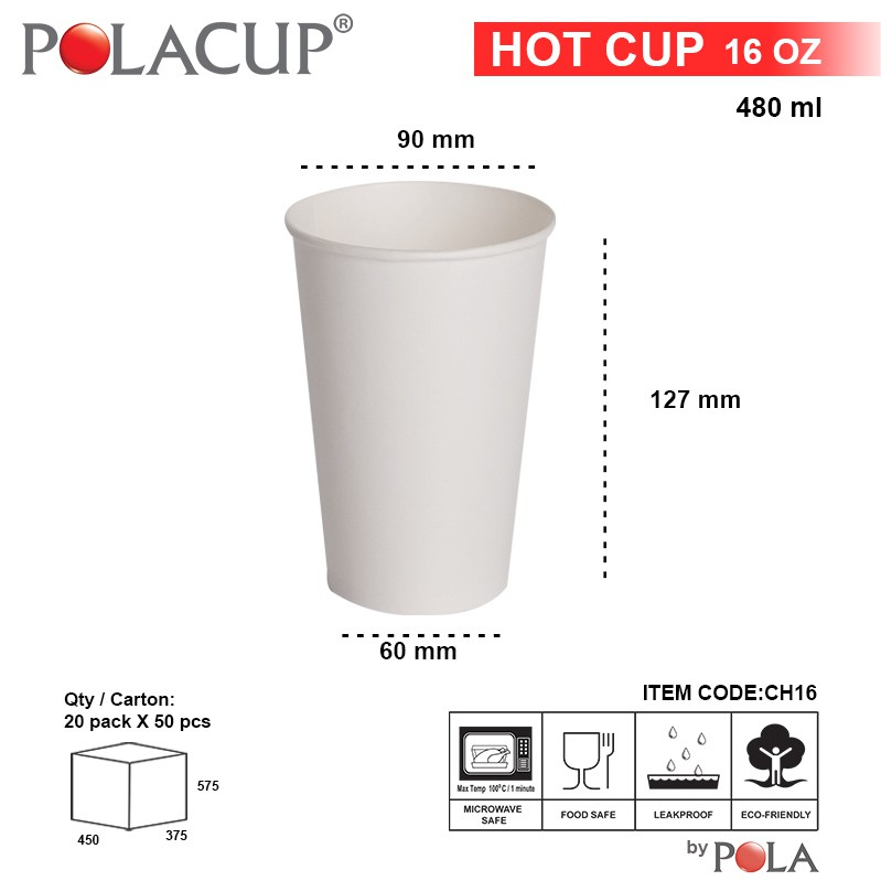 POLA Paper Hot Cup Single Wall 16oz 480ml Putih