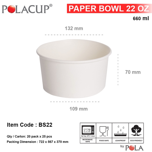 [PPJ.PB22P] POLA Paper Bowl 22oz 650ml Putih