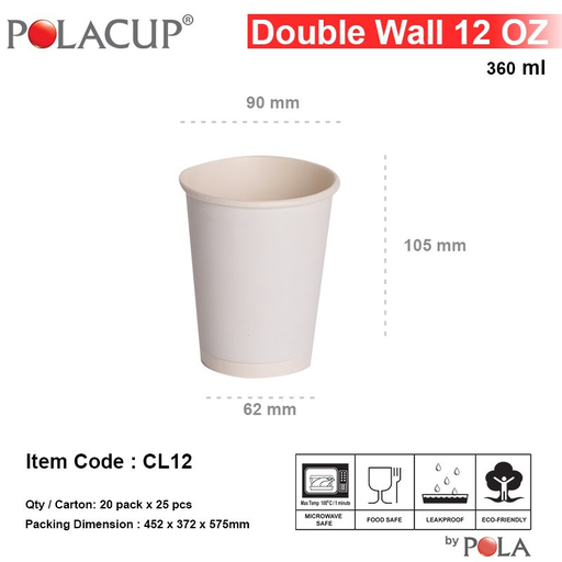 [PPJ.HCDW12] POLA Paper Hot Cup Double Wall 12oz 360ml Putih