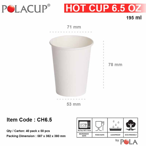 [PPJ.HCSW65] POLA Paper Hot Cup Single Wall 6.5oz 200ml Putih